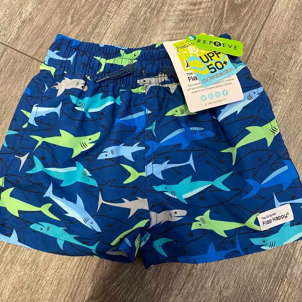 Flap Happy Kids Shark Adventure Shorts - Blue and Green